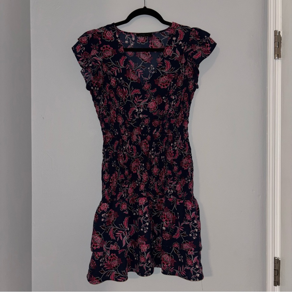 Sugarlips Navy Mini Dress with Pink Floral Print smocked ruffle